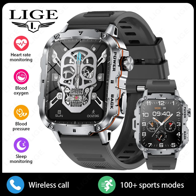 LIGE Outdoor Militär Sport Smart Uhr Männer Frauen Fitness Track Herzfrequenz Blut Sauerstoff Wasserdicht BT Anruf 1,95-Zoll Smartwatch