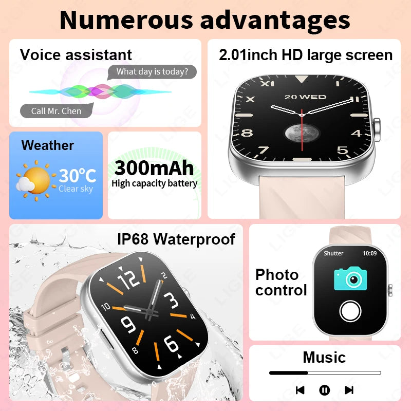 LIGE Neue Smartwatch mit Sprachanruf, ultragroßer 2,01'' HD-Bildschirm, 24-Stunden-Gesundheitsmonitor, Smartwatch, 100+ Sportmodi, modische Zifferblätter