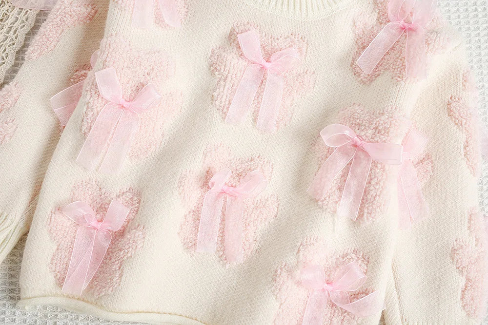 Mädchen Outfit Set mit süßem Bär Bogen Pullover und Mesh Rock