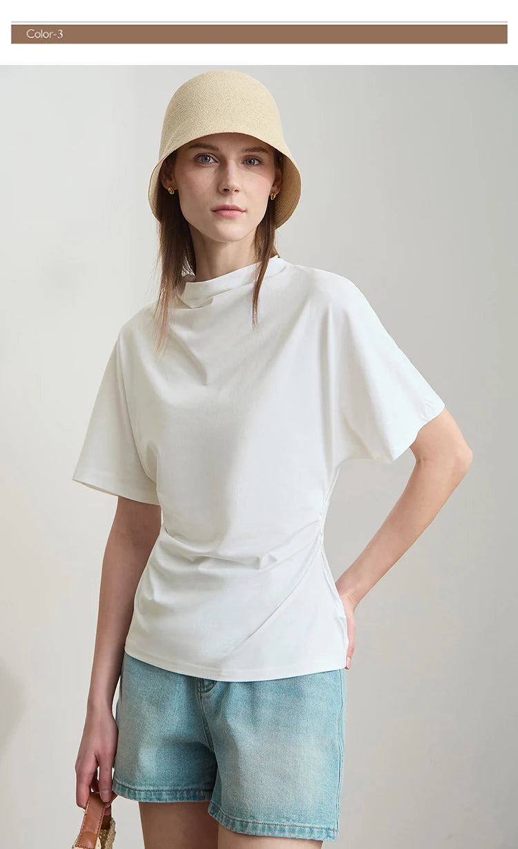 Damen T-Shirt im minimalistischen Sommer-Stil mit solidem Rollkragen und Kurzarm