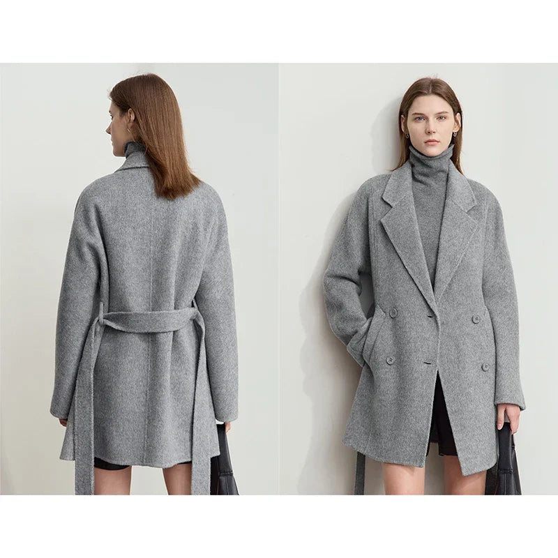 Damen Wollmantel aus Alpaka-Schafwolle mit Gürtel und Reverskragen