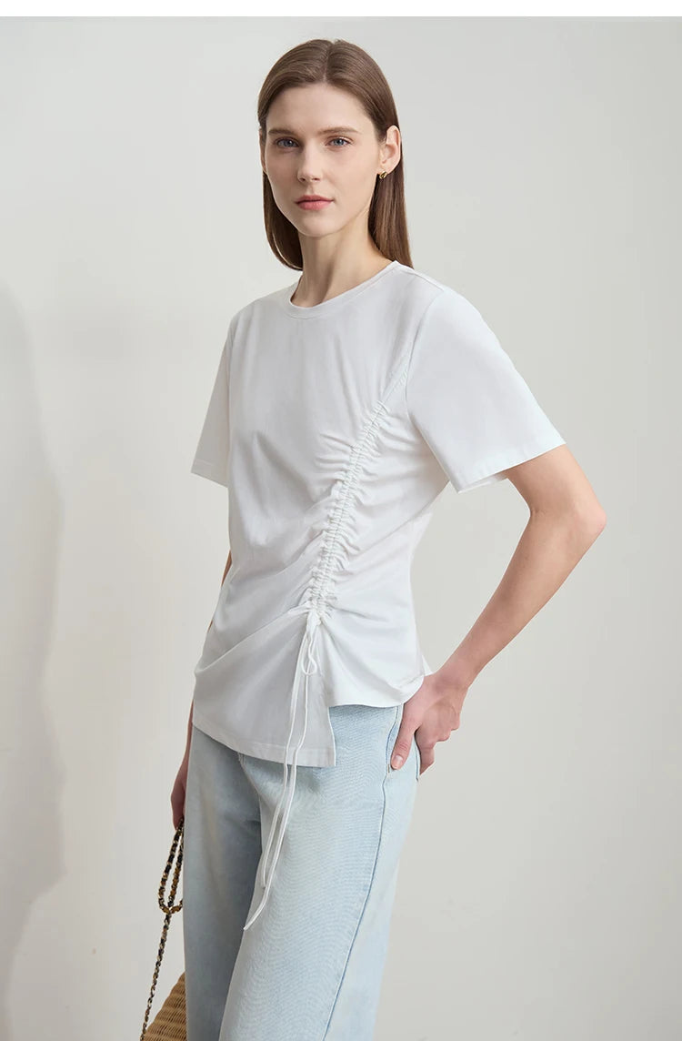 Damen Sommer T-Shirt mit Rundhals und Kordelzug in lässiger Form