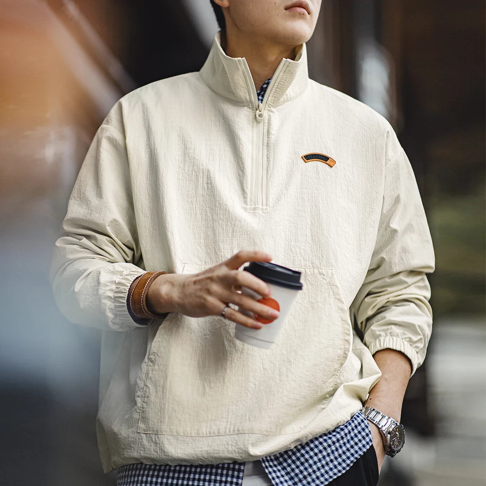 Männer Pullover Jacke Vintage Half-Zip Stehkragen Taschen Outdoor Streetwear