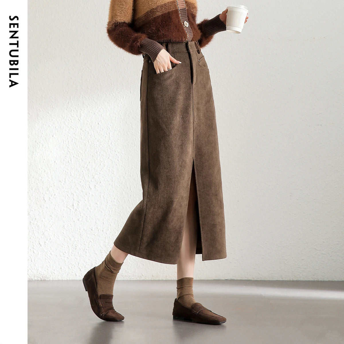 Damen Midi Cord-Rock mit Schlitz am Saum für elegante Büro-Outfits