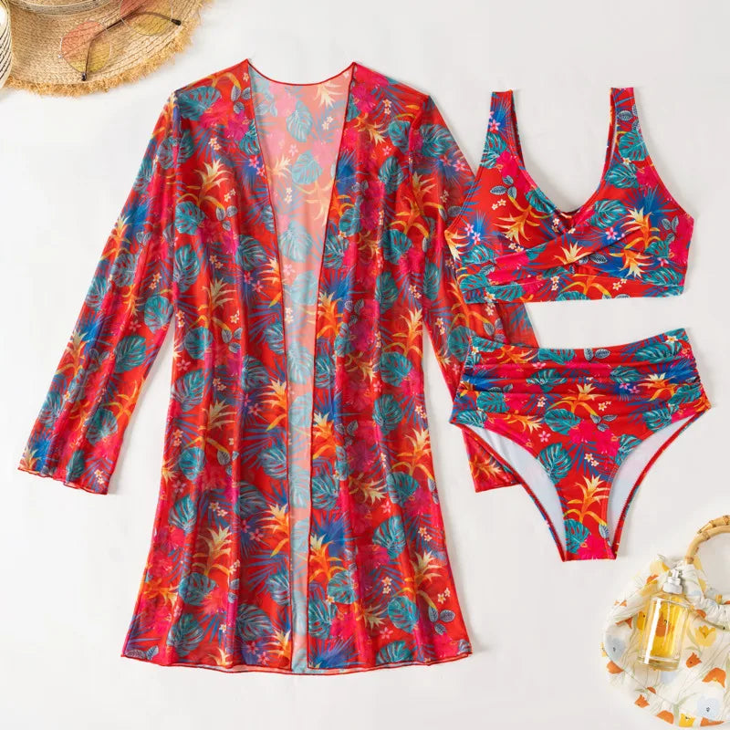 Damen-Bikini-Set mit hohem Bund und Print – dreiteiliges Badeanzug-Set für Strand und Pool