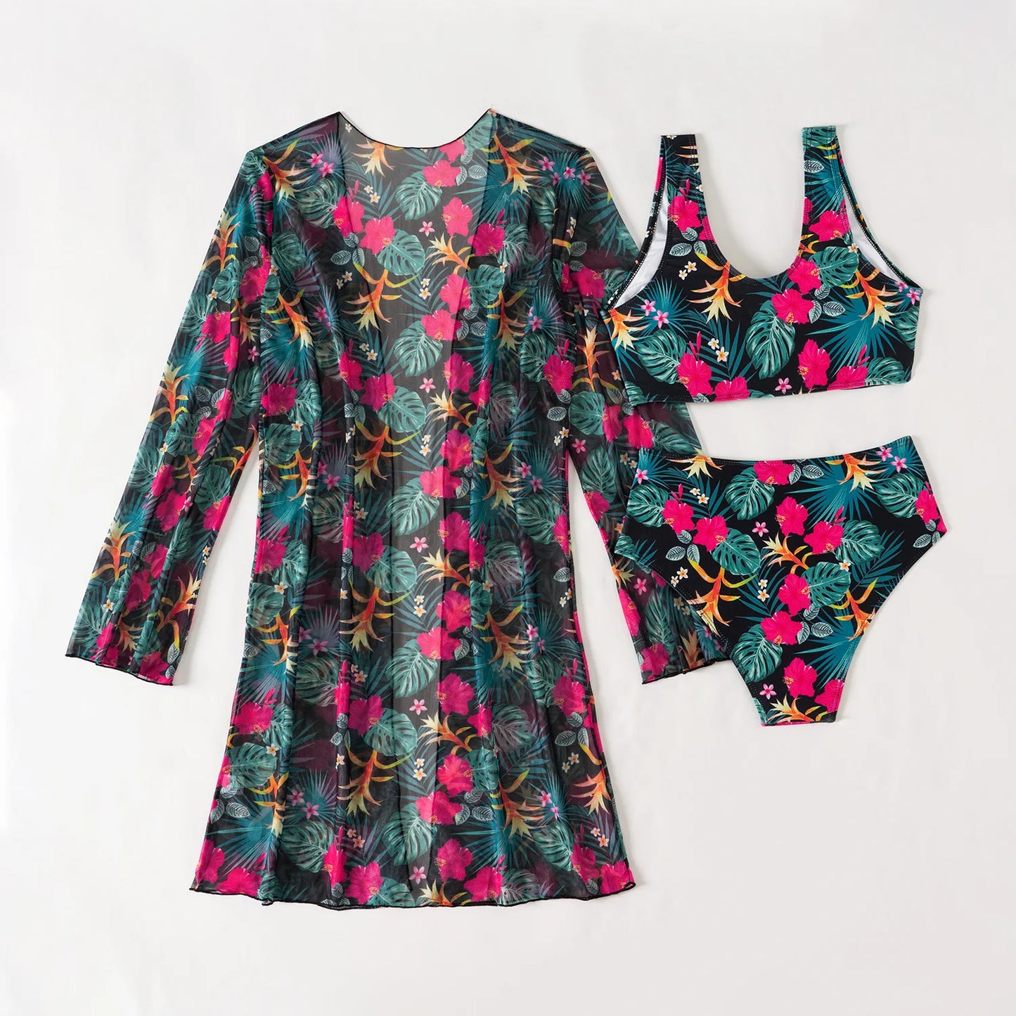 Damen-Bikini-Set mit hohem Bund und Print – dreiteiliges Badeanzug-Set für Strand und Pool