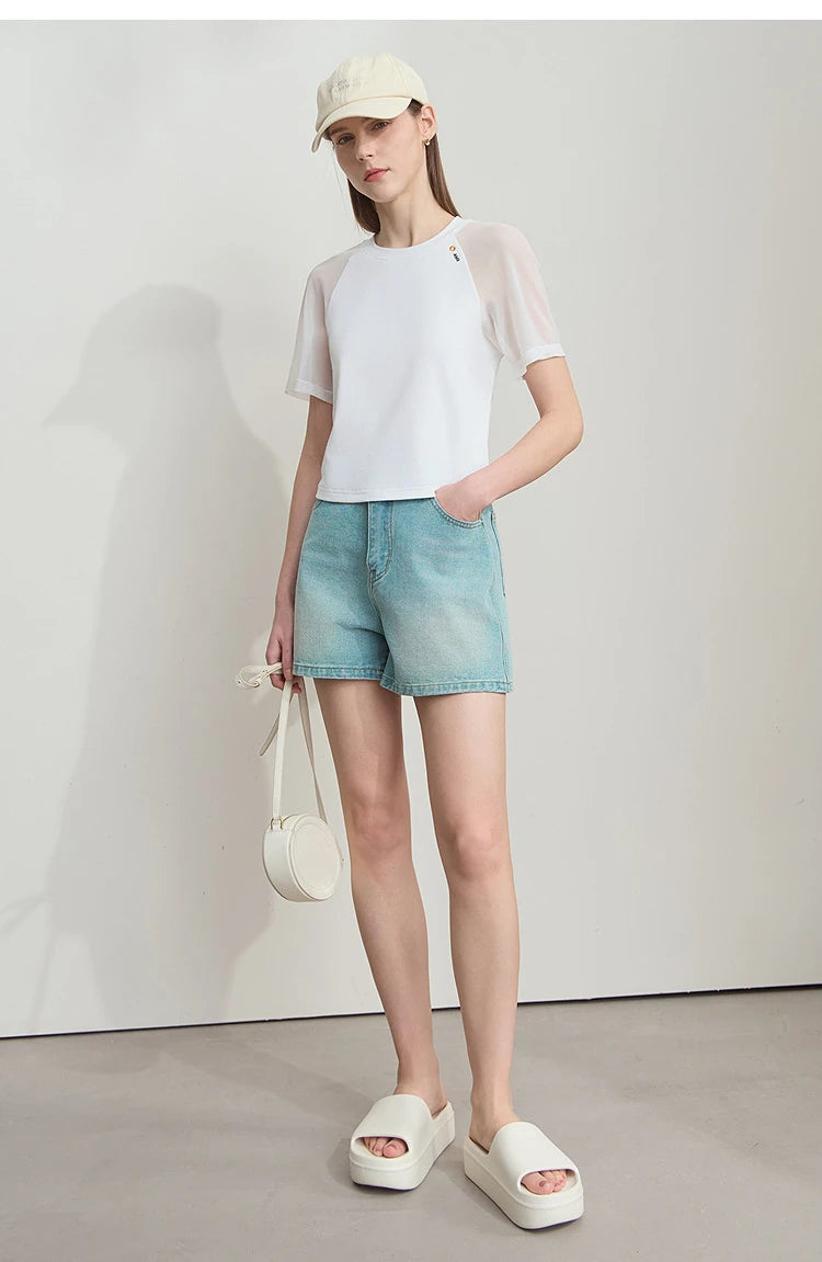 Damen T-Shirt im Casual-Stil mit gesticktem Rundhals und kurzen Ärmeln