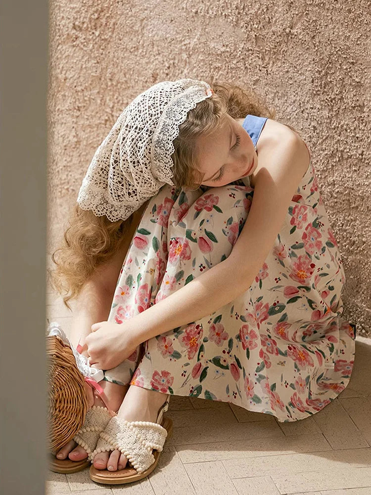 Sommerkleid für Mädchen aus 100% Baumwolle mit kurzen Ärmeln und niedlichem blauen Blumenmuster – geeignet für Kinder von 3 bis 14 Jahren (110cm-170cm)