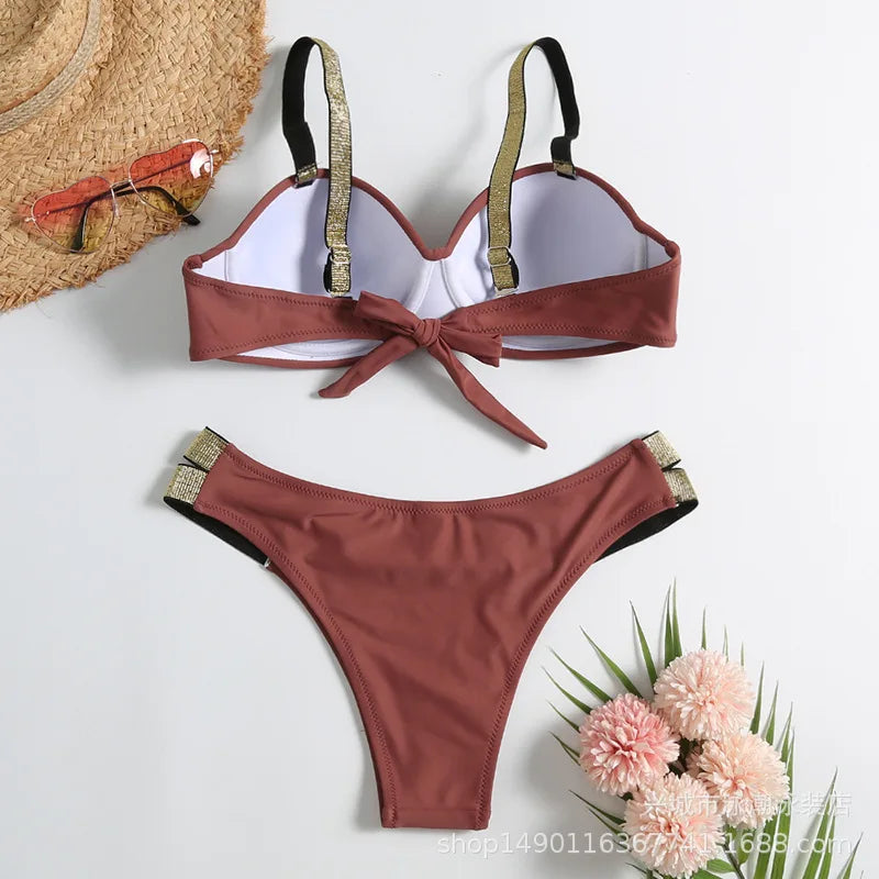 Sexy Bikini-Set in Rosenrot mit Strasssteinen – Push-Up-Badeanzug für Damen am Strand oder Pool