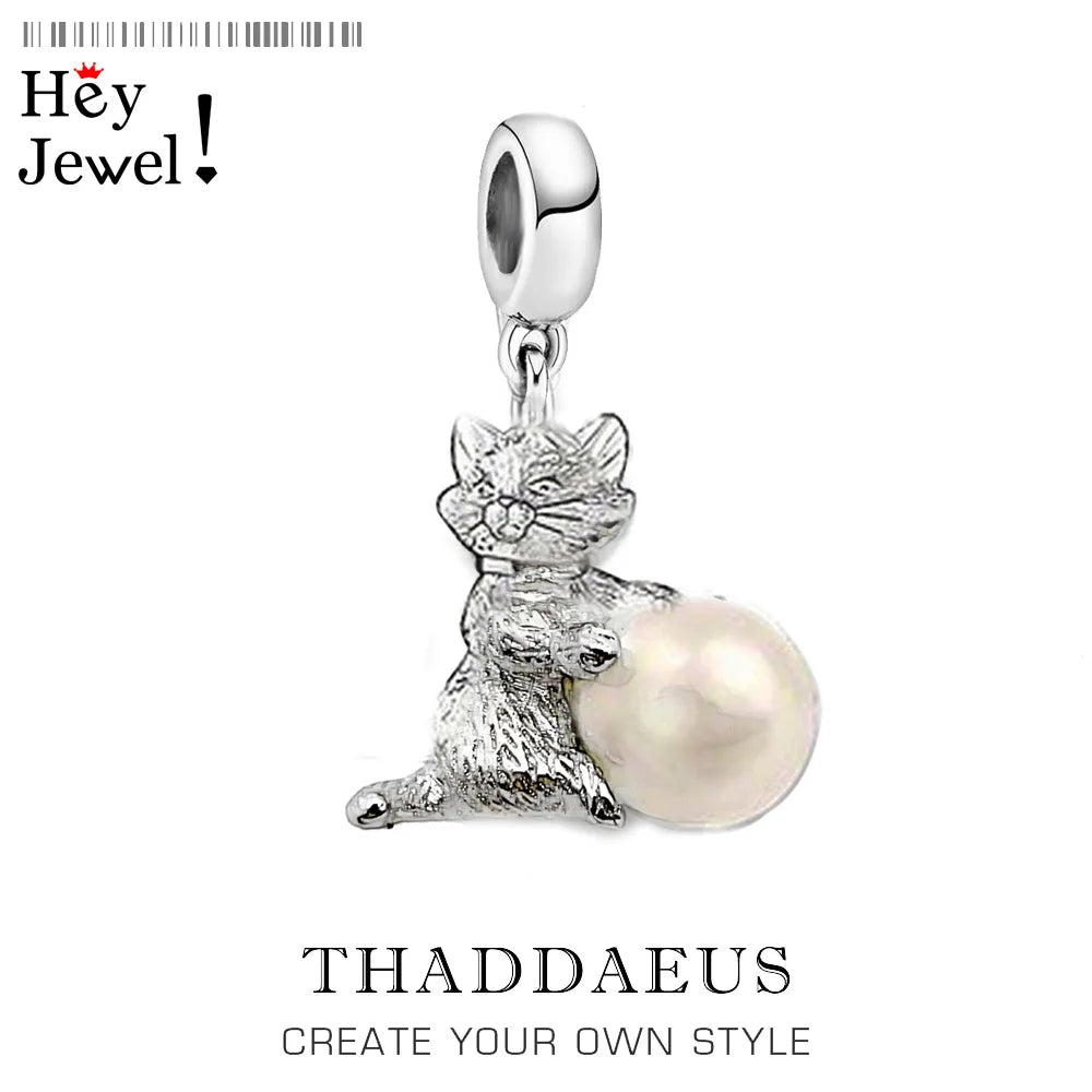 Damen-Charm-Anhänger Kätzchen Perle süß Frühling aus Sterlingsilber