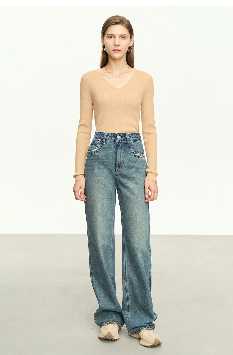 Damen Baggy Jeans im Retro-Stil mit Taschen für das Büro