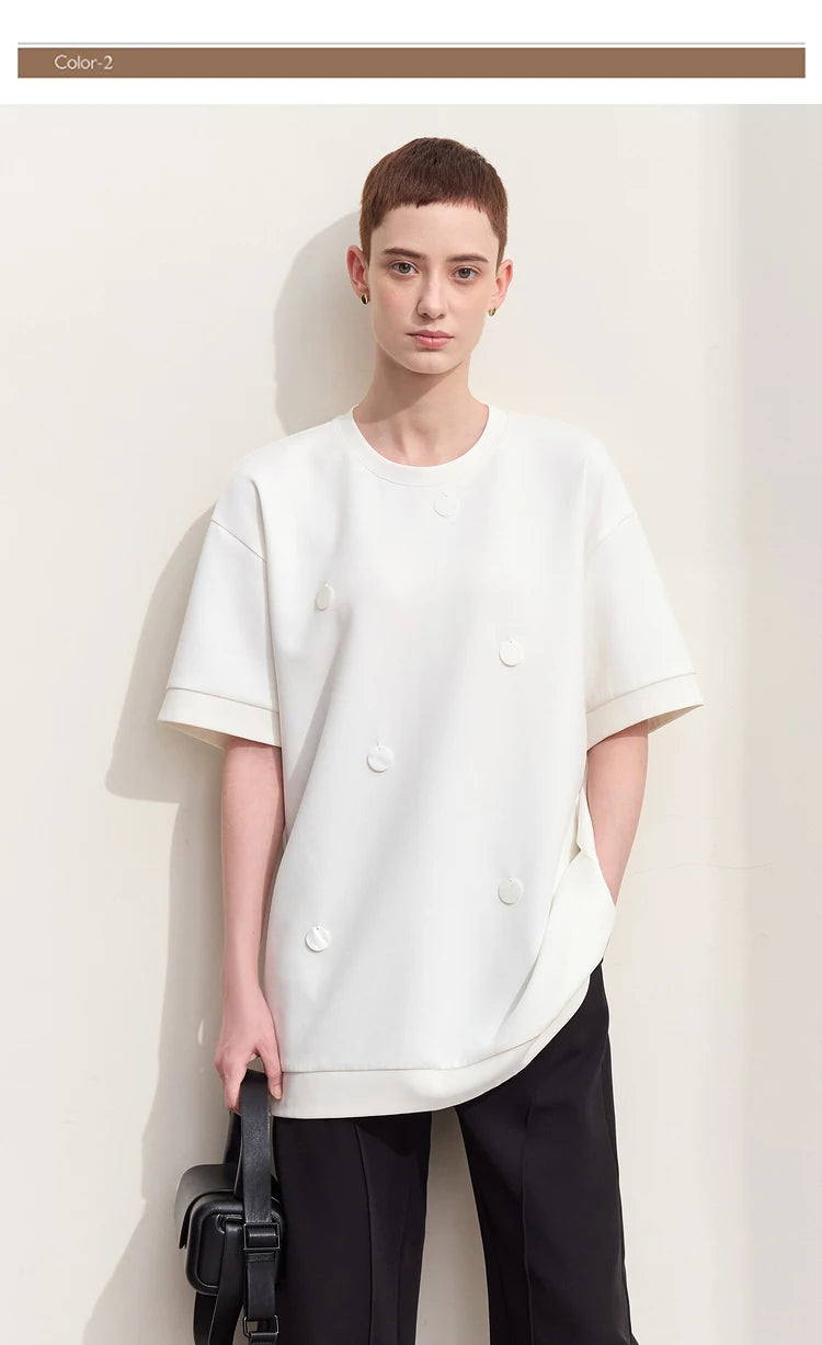 Damen T-Shirts im Minimalismus-Stil mit losem Patchwork und Dekoration