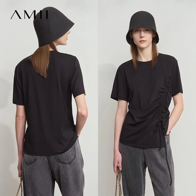Damen Sommer T-Shirt mit Rundhals und Kordelzug in lässiger Form