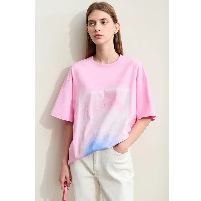Damen T-Shirts im Minimalismus-Stil mit abstraktem Druck aus Baumwolle