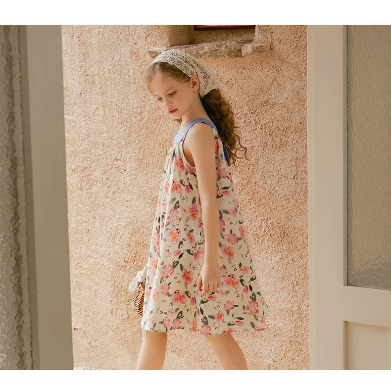 Sommerkleid für Mädchen aus 100% Baumwolle mit kurzen Ärmeln und niedlichem blauen Blumenmuster – geeignet für Kinder von 3 bis 14 Jahren (110cm-170cm)