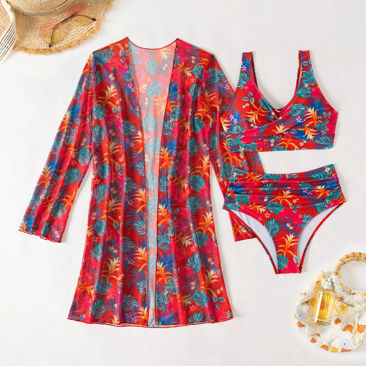 Damen-Bikini-Set mit hohem Bund und Print – dreiteiliges Badeanzug-Set für Strand und Pool