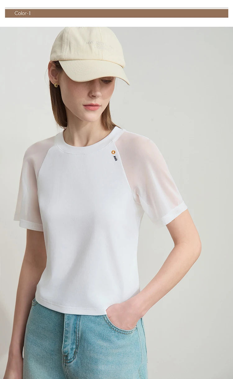 Damen T-Shirt im Casual-Stil mit gesticktem Rundhals und kurzen Ärmeln