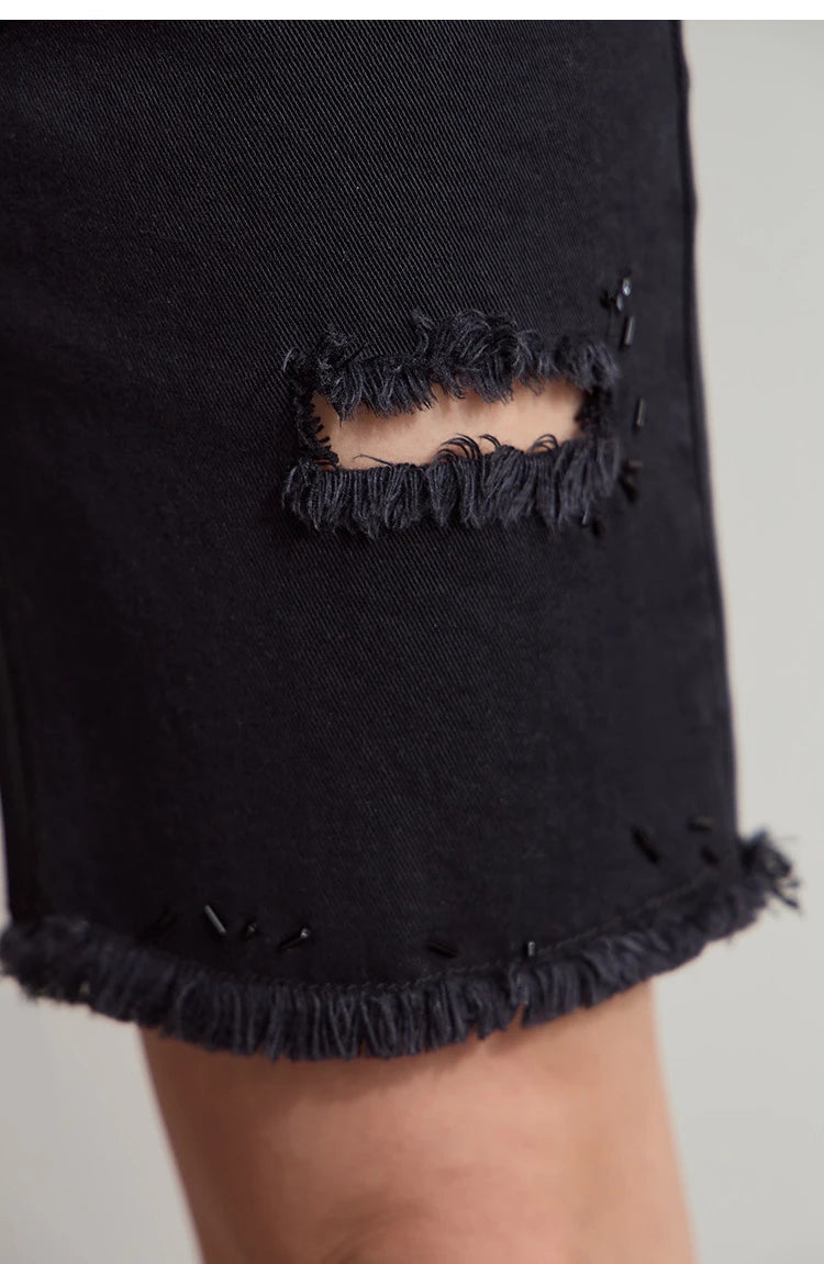 Damen Denim Shorts im minimalistischen Casual-Stil mit Zipper und Loch-Dekoration