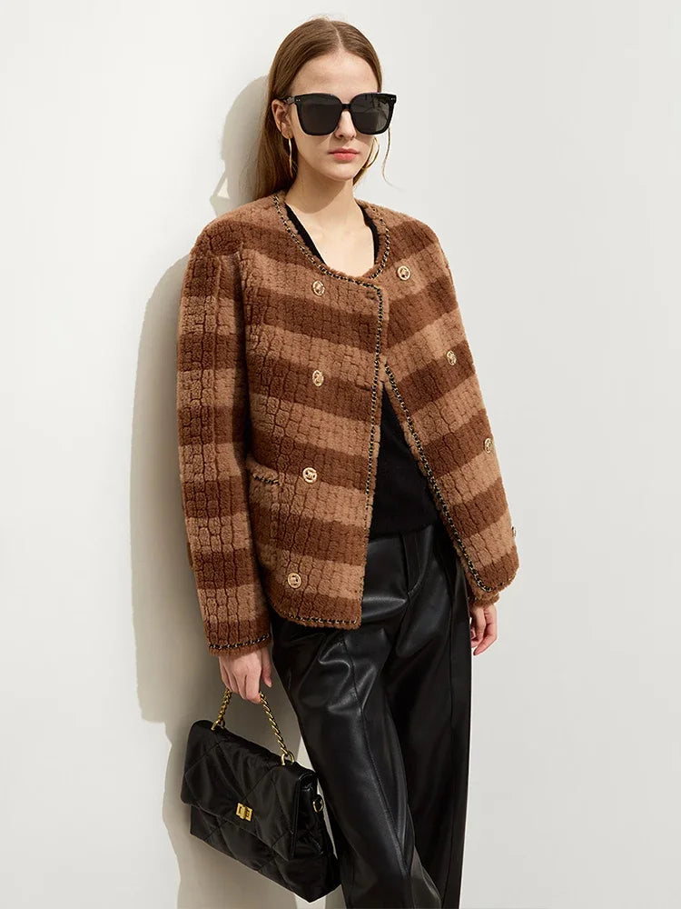 Damen Mantel aus hochwertigem Patchwork-Fleece mit warmem Crew Neck Design