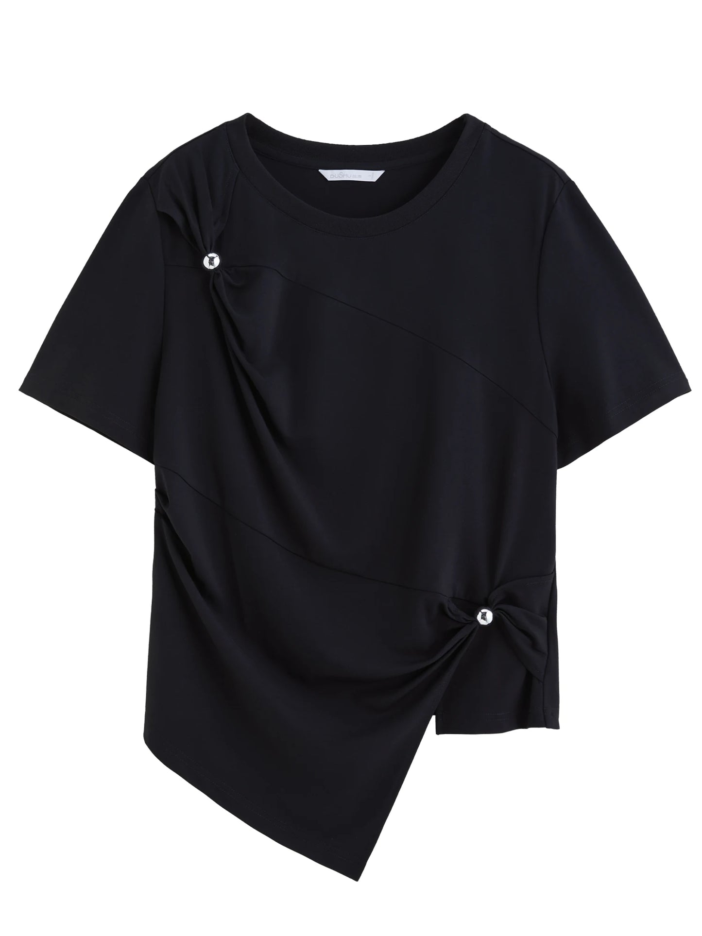 Kurzarmshirt für Damen in Übergröße mit Rundhalsausschnitt und Origami-Print – Sommerliches Design mit Schleifendetail