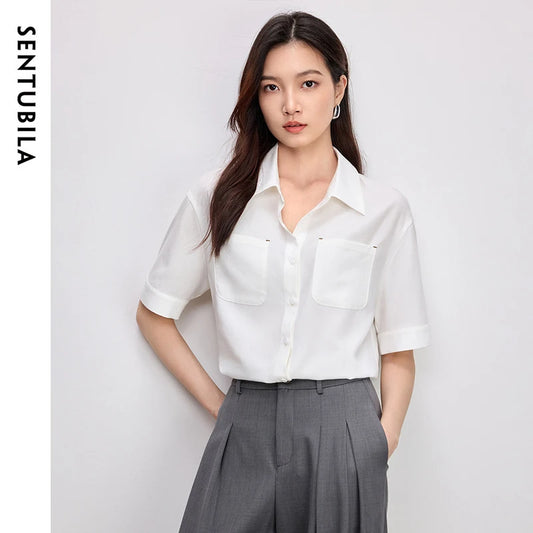 Ärmelloses Damenhemd mit Umlegekragen und Knopfleiste – ideal für den Büroalltag