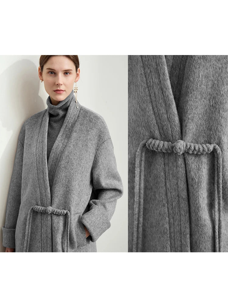 Damen Wollmantel im minimalistischen Neo-Chinesischen Stil mit V-Ausschnitt und Taschen