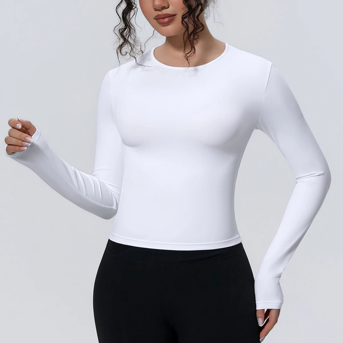 Yogashirt mit langen Ärmeln, weiß, tailliertem, enganliegendem Schnitt
