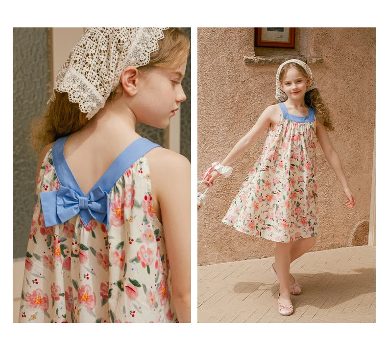 Sommerkleid für Mädchen aus 100% Baumwolle mit kurzen Ärmeln und niedlichem blauen Blumenmuster – geeignet für Kinder von 3 bis 14 Jahren (110cm-170cm)