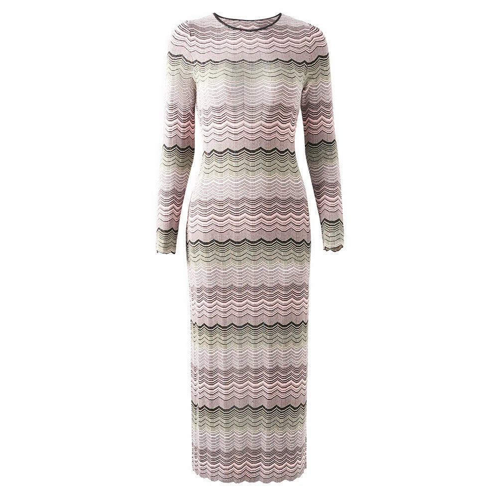 Elegantes Damen-Midikleid mit Rundhalsausschnitt und langen Ärmeln im Patchwork-Design mit Diamantenmuster
