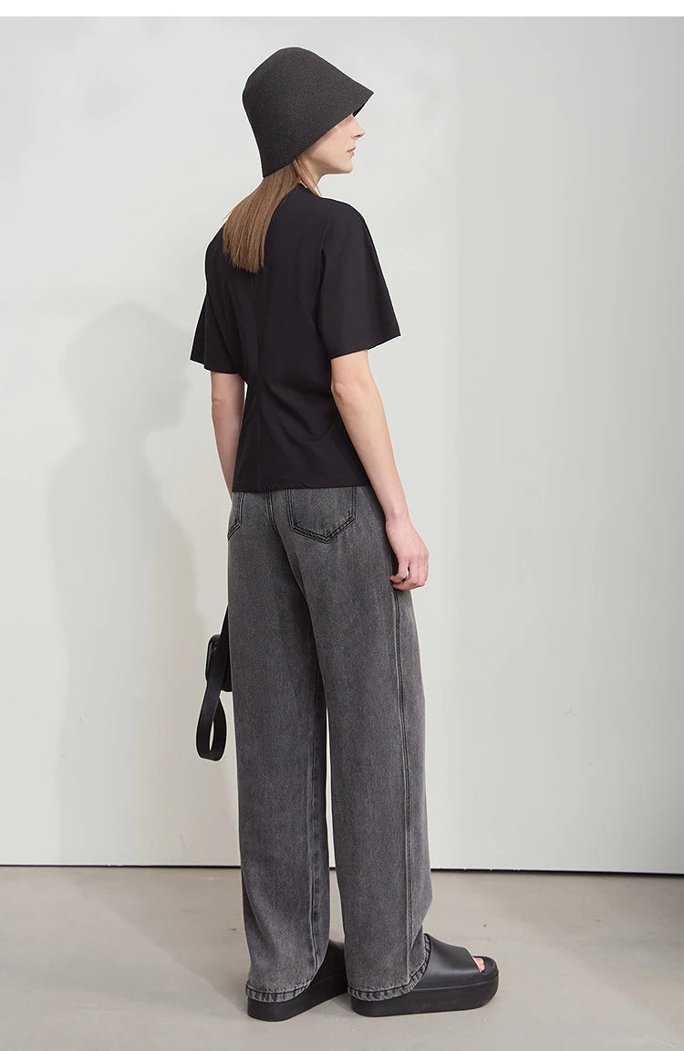 Damen T-Shirt im minimalistischen Sommer-Stil mit solidem Rollkragen und Kurzarm