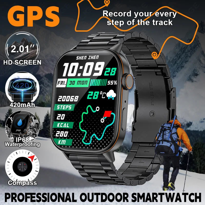 Männer GPS Smartwatch mit 2,01 Zoll HD Bildschirm und Bluetooth-Anruf