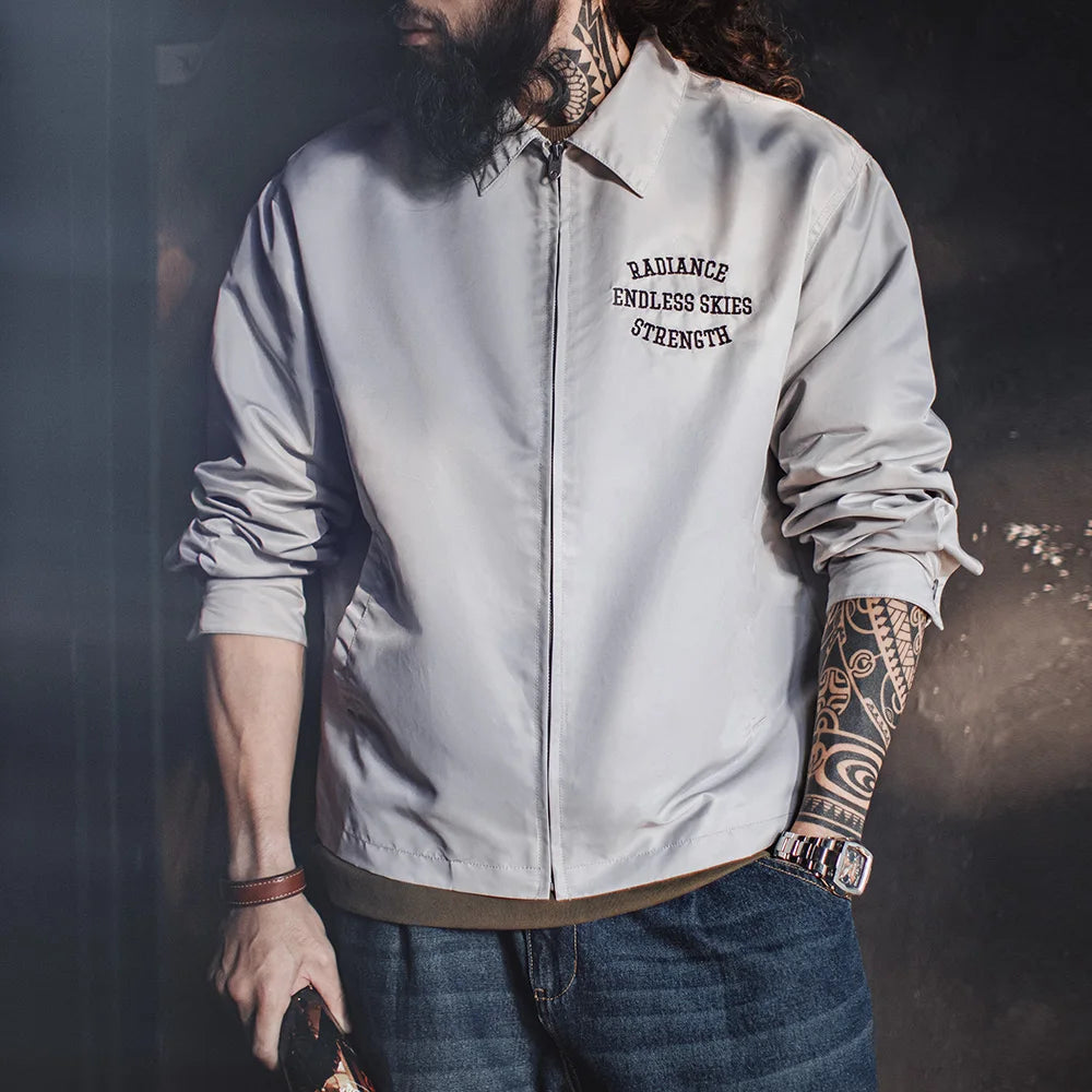 Herren Coach Jacke Vintage Gestickte Buchstaben Reißverschluss Notch-Revers Lässige Oberbekleidung