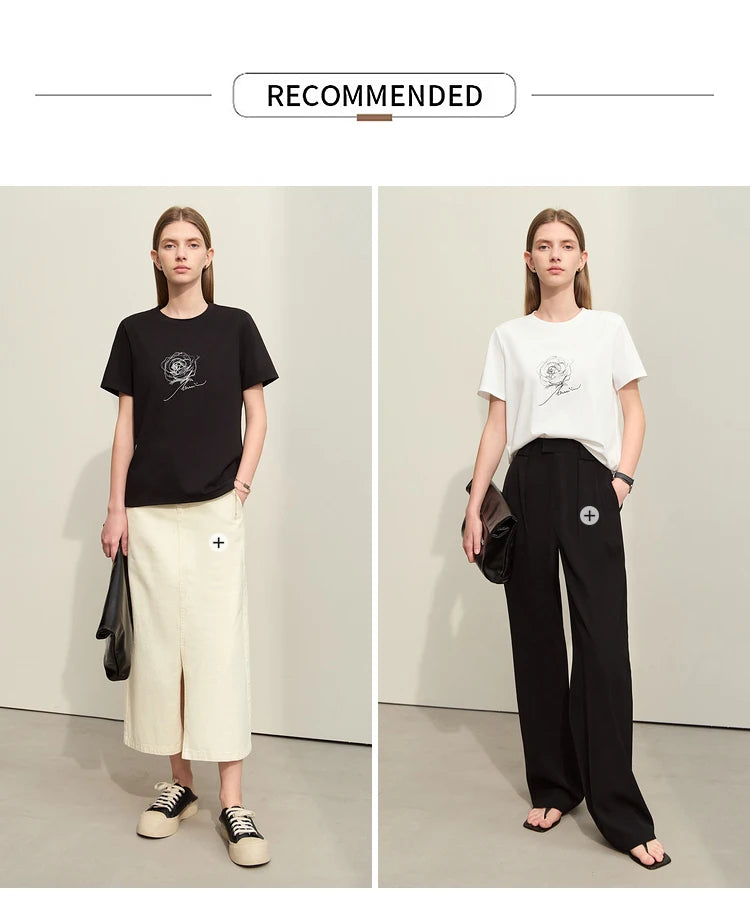 Damen Kurzarm-T-Shirt im minimalistischen Stil mit O-Ausschnitt und Stickerei