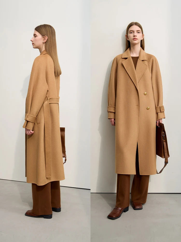 Damen Wollmantel im minimalistischen Design mit langem Gürtel und Raglanärmeln