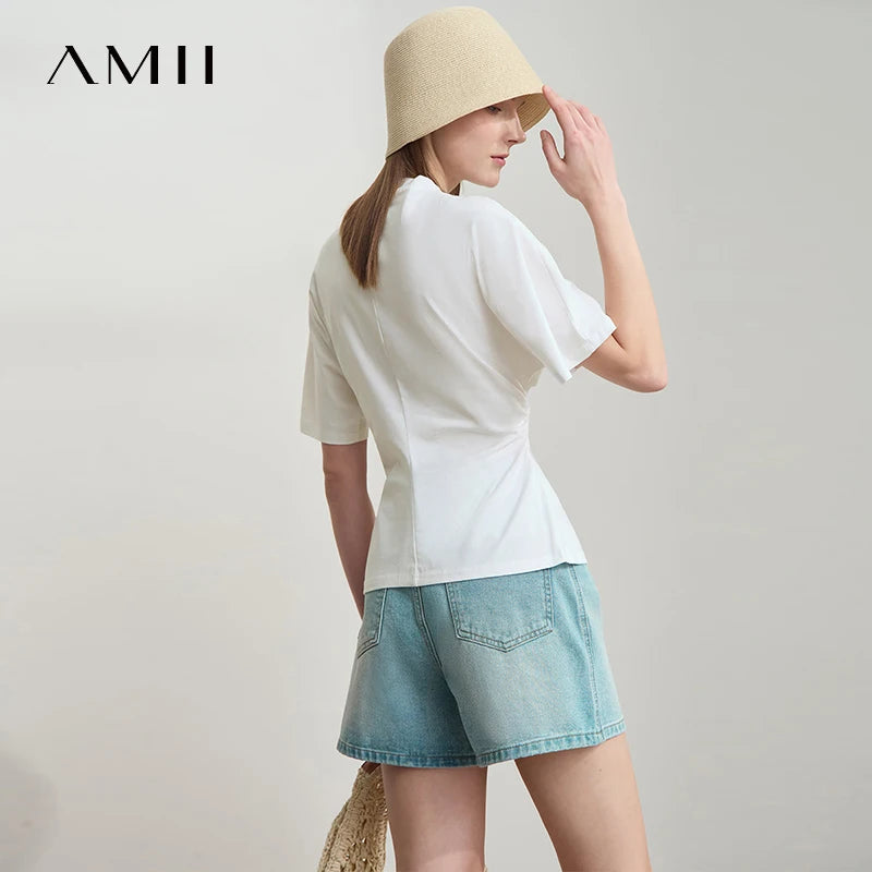 Damen T-Shirt im minimalistischen Sommer-Stil mit solidem Rollkragen und Kurzarm