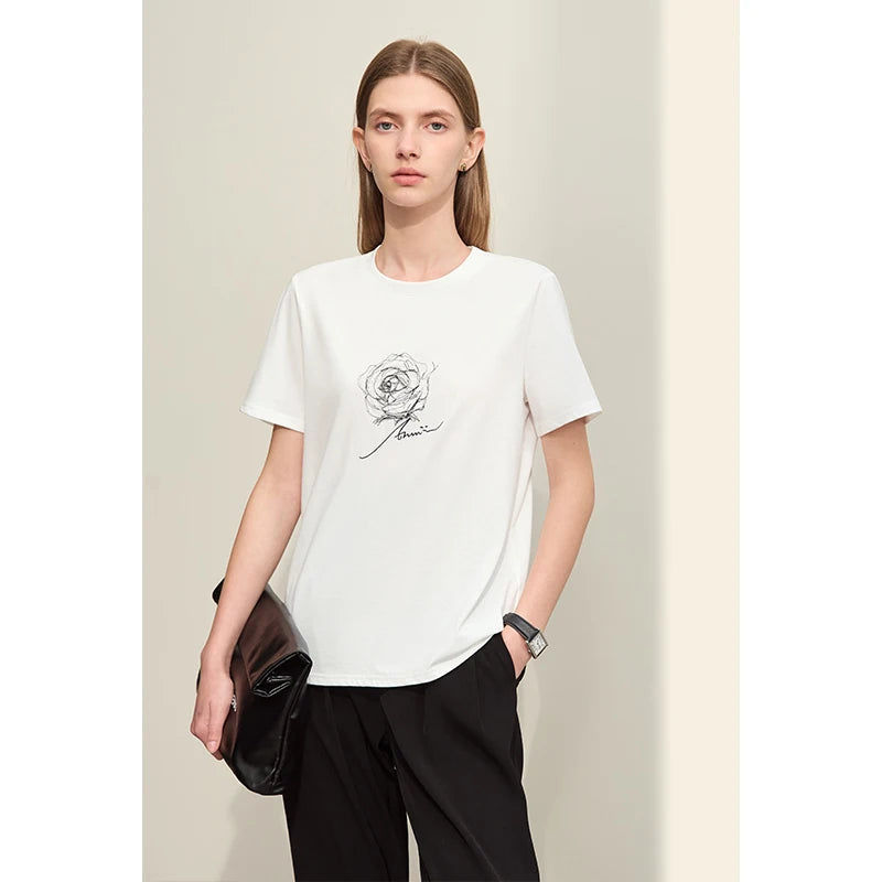 Damen Kurzarm-T-Shirt im minimalistischen Stil mit O-Ausschnitt und Stickerei