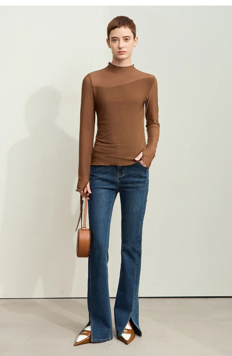 Damen Mesh-T-Shirt im minimalistischen Design mit halbhohem Ausschnitt