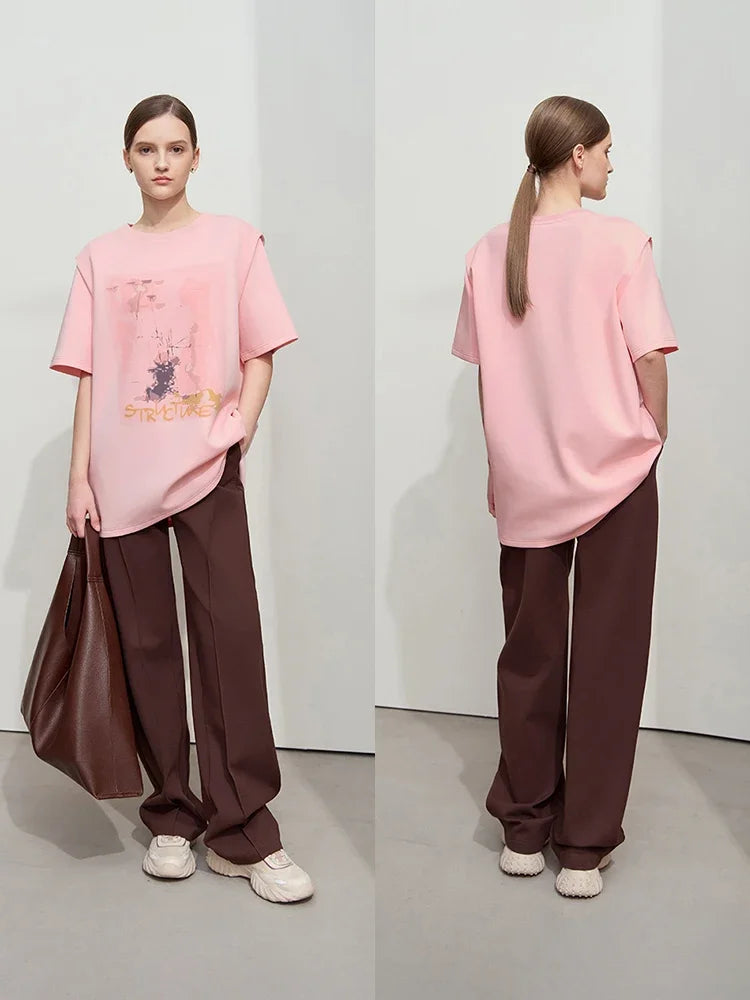 Damen T-Shirt im minimalistischen Stil mit lässigem O-Ausschnitt und Kunstdruck