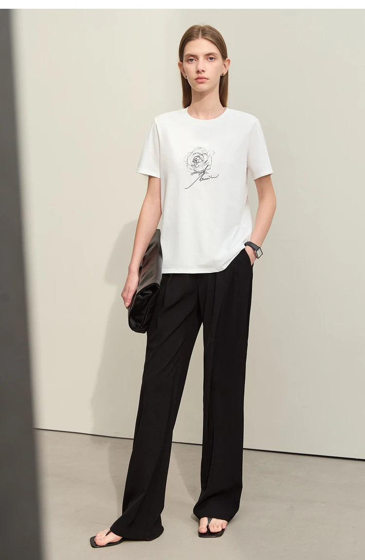 Damen Kurzarm-T-Shirt im minimalistischen Stil mit O-Ausschnitt und Stickerei