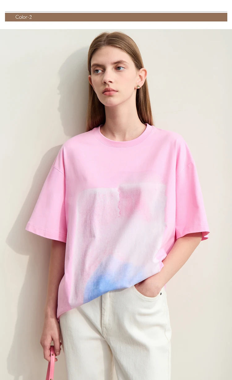 Damen T-Shirts im Minimalismus-Stil mit abstraktem Druck aus Baumwolle