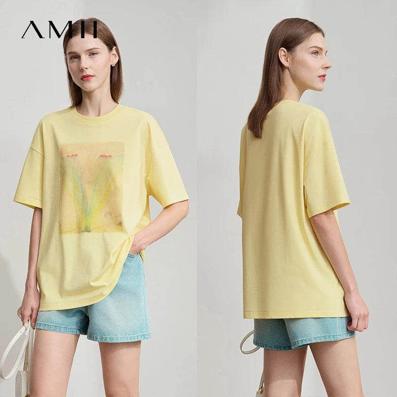 Damen T-Shirt im minimalistischen Stil mit Druck und Rundhals-Ausschnitt