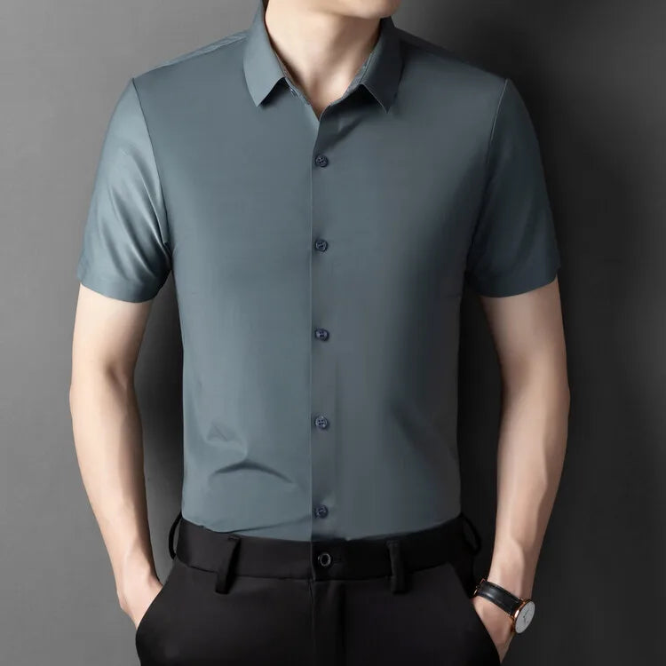 Herren-Hemd mit Vier-Wege-Stretch, Farbblock-Diamantmuster und Knopfleiste – ideal für Business-Casual und formelle Anlässe.