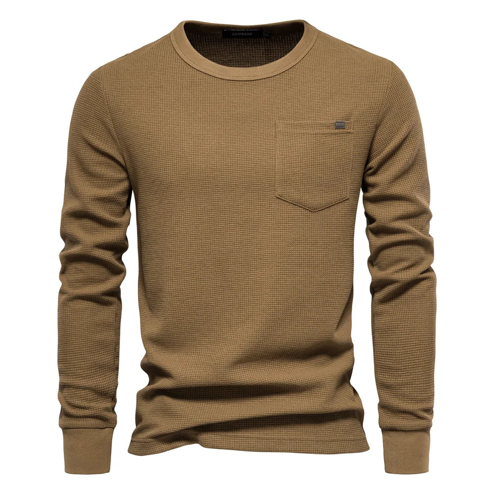 Herren-T-Shirt aus Waffel-Baumwolle mit langen Ärmeln – einfarbiges Einzeltaschen-Design, atmungsaktives Herbst-Basic-Oberteil für lässige Outfits