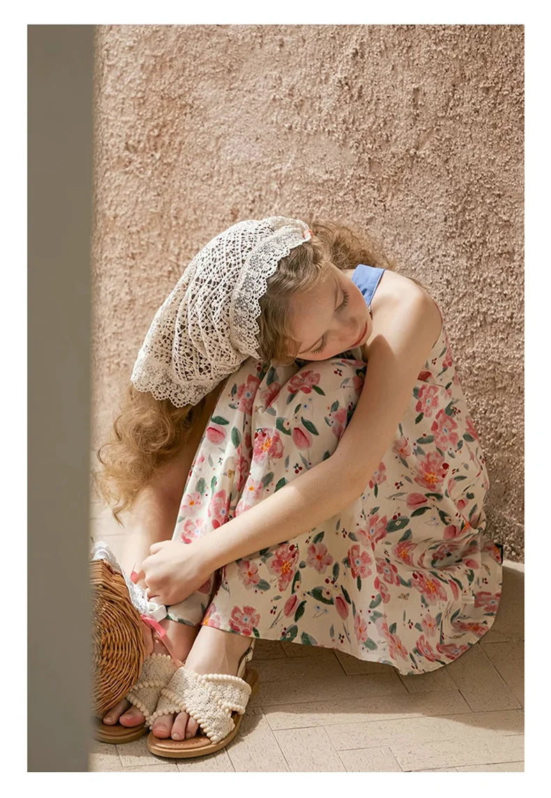 Sommerkleid für Mädchen aus 100% Baumwolle mit kurzen Ärmeln und niedlichem blauen Blumenmuster – geeignet für Kinder von 3 bis 14 Jahren (110cm-170cm)