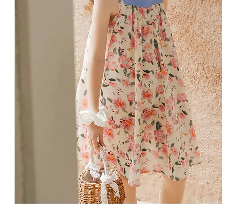 Sommerkleid für Mädchen aus 100% Baumwolle mit kurzen Ärmeln und niedlichem blauen Blumenmuster – geeignet für Kinder von 3 bis 14 Jahren (110cm-170cm)