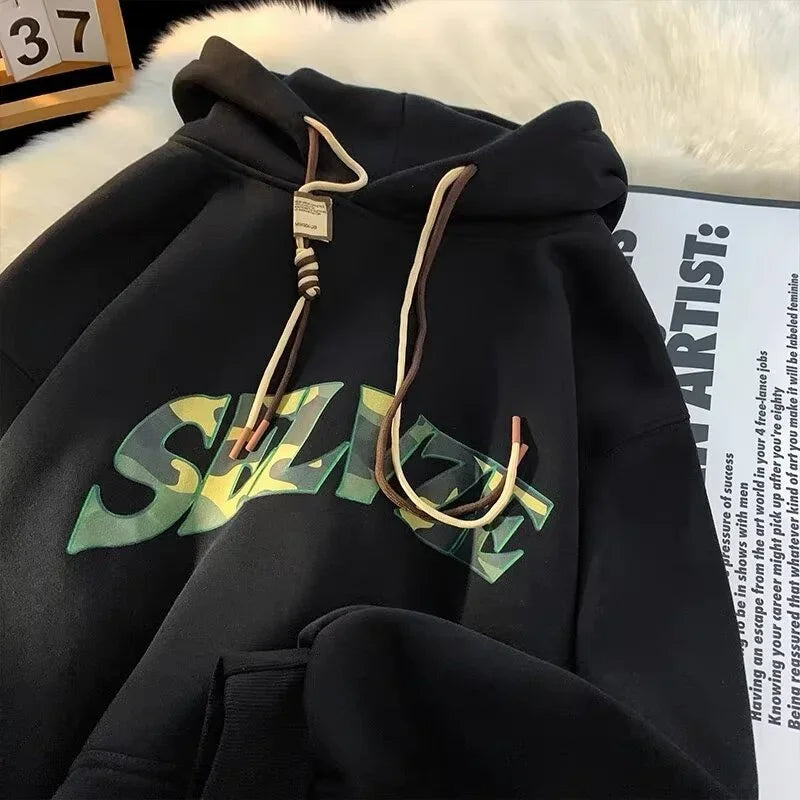 New in Camouflage Letter Printed Hooded Sweatshirts For Men Autumn Punk Hip Hop Fashion Hoodies Y2K Streetwear Fleece Hoody