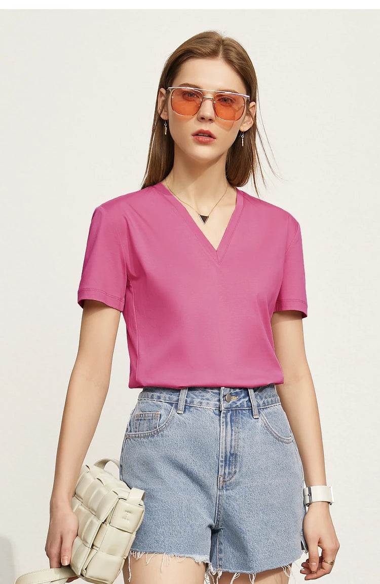 Damen Tops im Minimalismus-Stil mit V-Ausschnitt und kurzen Ärmeln