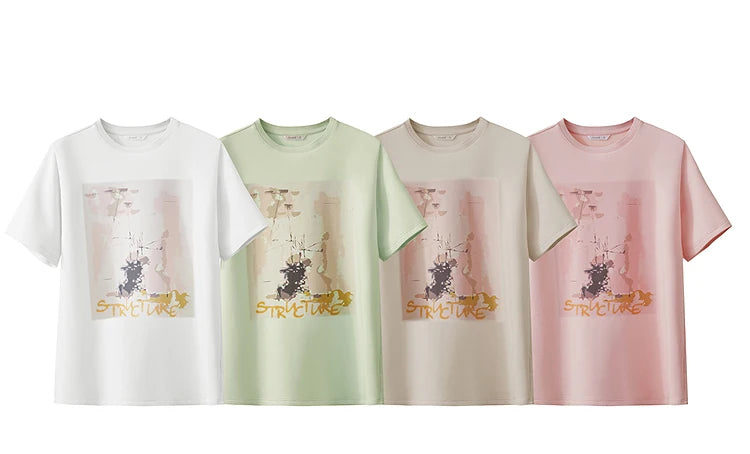 Damen T-Shirt im minimalistischen Stil mit lässigem O-Ausschnitt und Kunstdruck