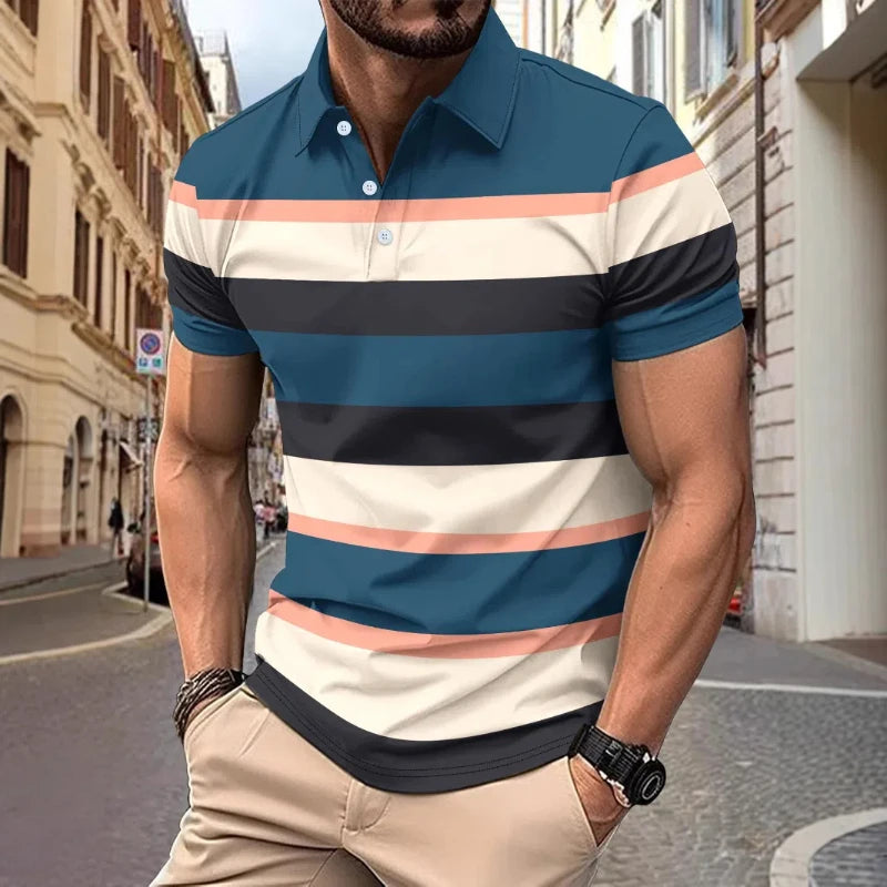 Herren-Poloshirt mit bedrucktem Revers und Knopfleiste – vielseitiges Business-Shirt im Colorblock-Design