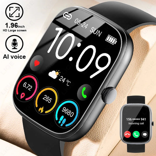 LIGE AI Sprachassistent Smart Watch für Männer Frauen 1,96" HD Touchscreen Fitness Tracker Drahtloser Anruf IP68 Wasserdichte Smartwatch